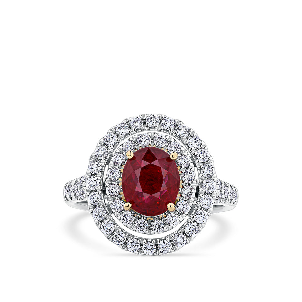 Vault® 2.00 Carat Oval Cut Burmese Ruby and 0.54 Carat Diamond Halo Ring in 18ct White and Rose Gold