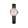 Front-facing view of the Baume & Mercier Joia M0A10849 ladies' watch, featuring a silver sun satin-finished dial with Roman numerals, black transfer leaf hands, polished rose gold PVD lug-free round case with black agate-set crown, and an interchangeable black calfskin leather strap.