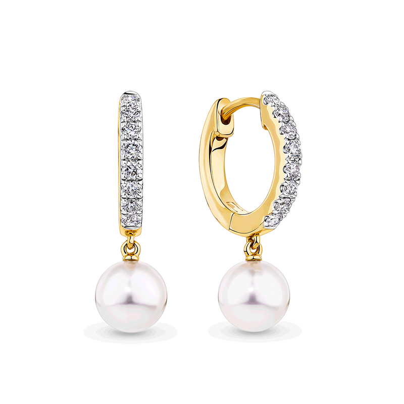 Akoya Pearl and Diamond Drop Huggie Earrings in 14ct Yellow Gold