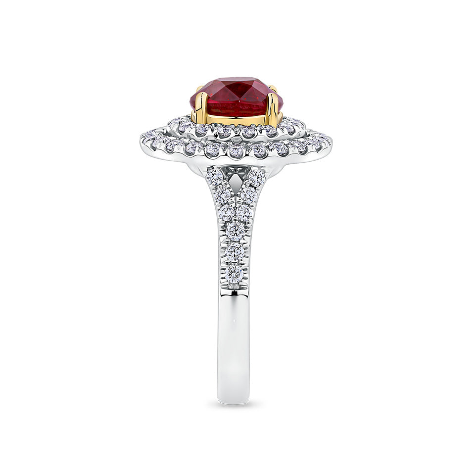 Vault® 2.00 Carat Oval Cut Burmese Ruby and 0.54 Carat Diamond Halo Ring in 18ct White and Rose Gold