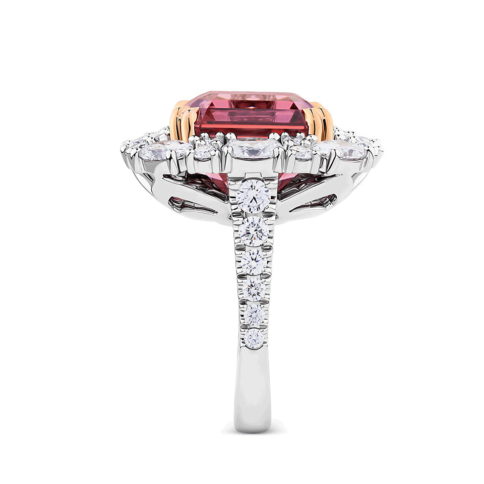 VAULT 15.69 CARAT ASSCHER CUT TOURMALINE AND 4.26 CARAT DIAMOND HALO RING IN 18CT WHITE GOLD