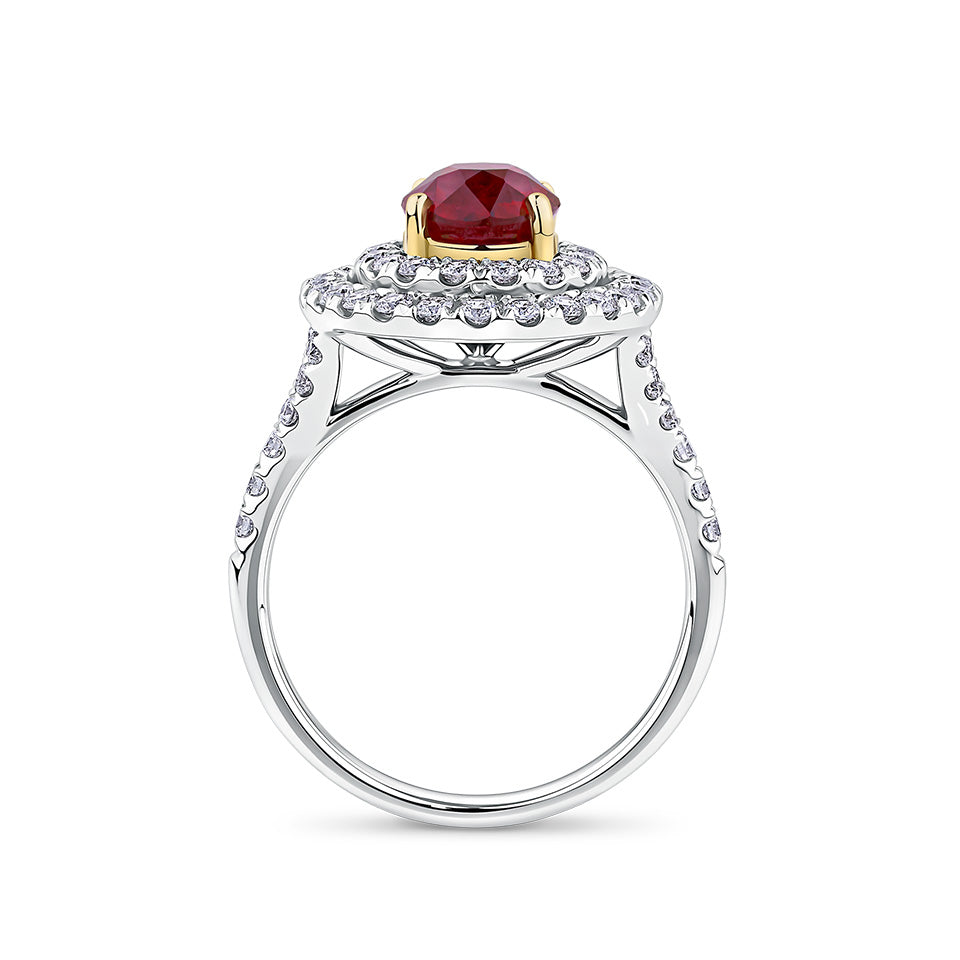 Vault® 2.00 Carat Oval Cut Burmese Ruby and 0.54 Carat Diamond Halo Ring in 18ct White and Rose Gold