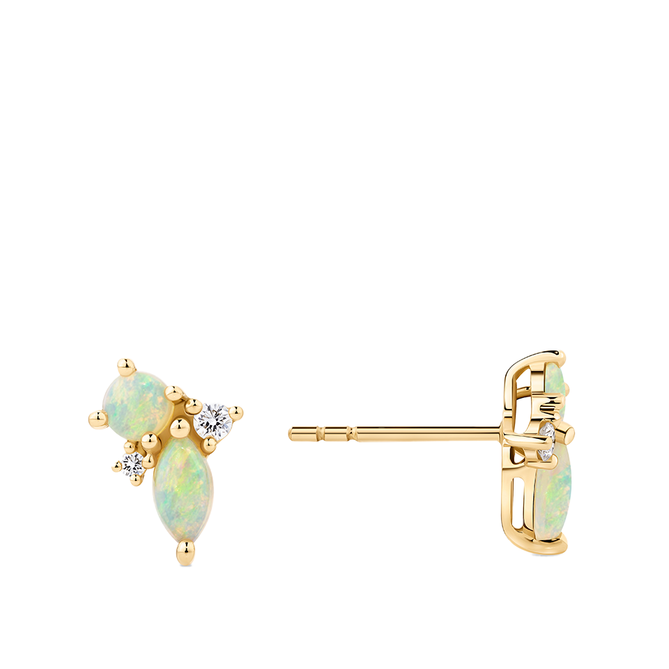 Elysian Diamond and Australian Opal Cluster Stud Earrings in 18ct Yellow Gold