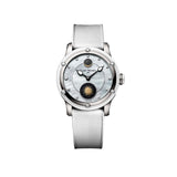 Louis Moinet Skydance Automatic LM-132.20.80 Ladies' Titanium Watch — The white mother-of-pearl dial displays eleven diamond hour markers, a golden Moon crescent on lunar meteorite, and a radiant Sun set against aventurine.