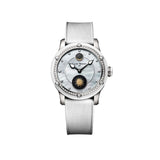 Louis Moinet Skydance Automatic LM-132.2D.80 Ladies' Titanium Watch — The mother-of-pearl dial displays eleven diamond hour markers, a golden Moon crescent set on lunar meteorite, and a radiant Sun over aventurine.