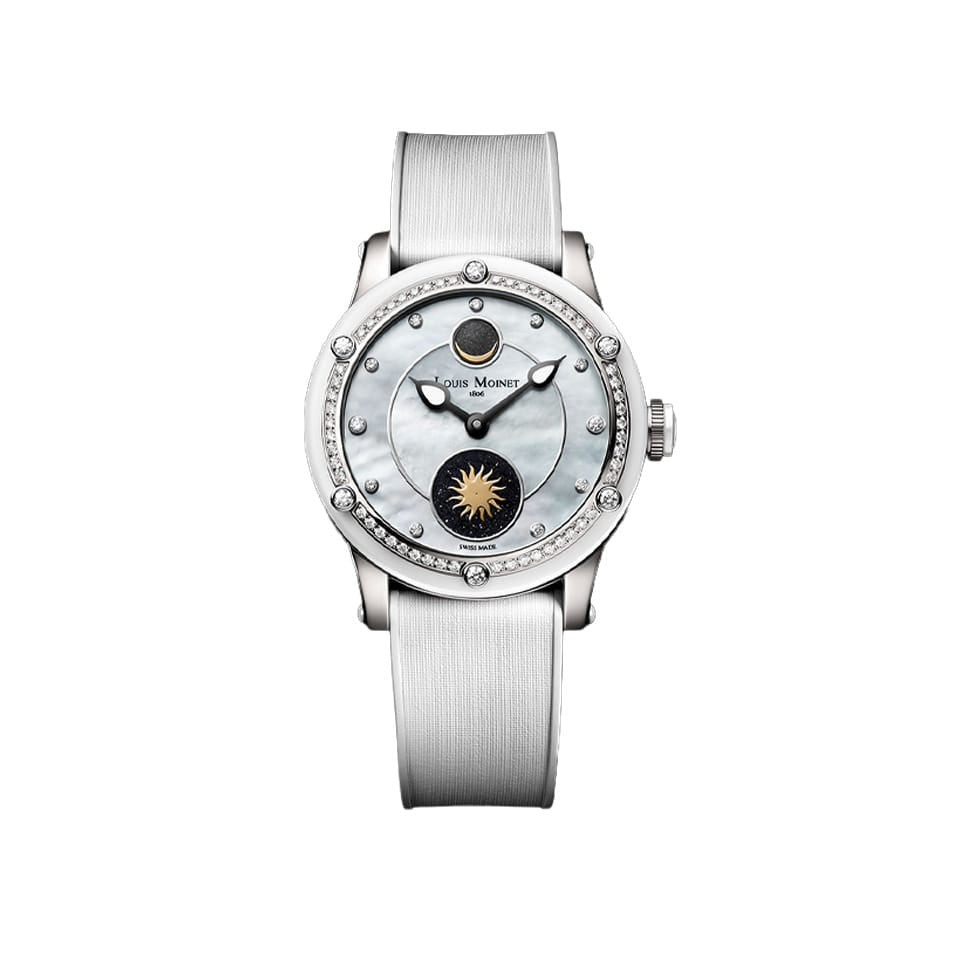Louis Moinet Skydance Automatic LM-132.2D.80 Ladies' Titanium Watch — The mother-of-pearl dial displays eleven diamond hour markers, a golden Moon crescent set on lunar meteorite, and a radiant Sun over aventurine.