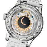 Louis Moinet Skydance Automatic LM-132.2D.80 Ladies' Titanium Watch and Louis Moinet Skydance Automatic LM-132.20.80 — Through the transparent case back, the Calibre LM58 automatic movement is visible, its rotor finished with sun and moon decoration.