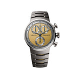 Louis Moinet 1816 Chronograph LM-151.20.30 Men's Titanium Watch — Shown face-on, the champagne dial displays its horizontally arranged minute and hour totalisers either side of the central chronograph hand. The fleur-de-lys emblem sits at 12 o'clock above the small seconds subdial.
