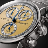 Louis Moinet 1816 Chronograph LM-151.20.30 Men's Titanium Watch — Viewed from a three-quarter angle, the double-gadroon case profile and champagne-coloured DLC-coated bracelet links catch the light. The polished and satin-finished Grade 5 Titanium case is clearly visible.