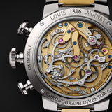 Louis Moinet 1816 Chronograph LM-151.20.30 Men's Titanium Watch — The open caseback reveals the Calibre LM1816 movement, showing satin-finished bridges, blued screws, and the column wheel mechanism. The 330-component chronograph architecture is fully visible.