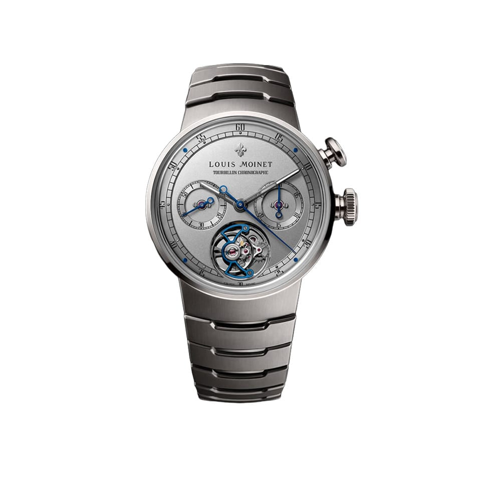 Louis Moinet 1816 Tourbillon Chronograph LM-170.20.60 Men's Titanium Watch — The rhodium-plated dial shows its off-centre flying tourbillon with blue DLC-coated cage, alongside the small seconds and 30-minute counter set in Arabic-numeral rings.