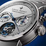 Louis Moinet 1816 Tourbillon Chronograph LM-170.20.60 Men's Titanium Watch — Viewed at a three-quarter angle, the double-gadroon Grade 5 Titanium case and monopusher are visible alongside the architectural, sculpted bracelet links.