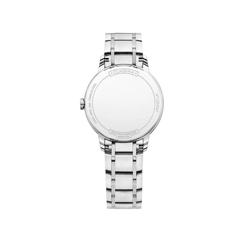 Baume & Mercier Classima Quartz 31mm Watch MOA10335 back of case with baume and mercier classima inscribed. 