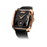 Front on view of the Jacob & Co. The Godfather II Manual Tourbillon 44mm Watch, reference OP200.40.AA.AB.ABALA, showcasing the black lacquered dial with Don Corleone print and The Godfather applique at 12 o'clock. The flying one-minute tourbillon is visible on the dial alongside indicators for movement and music box power reserve.