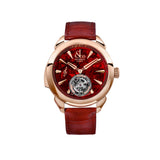 Front on view of the Jacob & Co. Palatial Flying Tourbillon Minute Repeater 18K Rose Gold Manual 43mm Watch, reference PT500.40.NS.AC.A, showing the red mineral crystal dial with applied 18K Rose Gold markers and skeletonized metronome hands. The flying tourbillon sits at six o'clock above the dial surface.