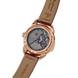 Back of band view of the Jacob & Co. Palatial Flying Tourbillon Minute Repeater 18K Rose Gold Manual 43mm Watch, reference PT500.40.NS.AC.A, showing the red alligator strap where it meets the case. The 18K Rose Gold pin buckle is visible at the strap's closure point.