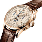 Breitling Premier B25 Datora 42mm Watch RB2510371G1P1 shows the grooved case-sides and cambered sapphire crystal from an angled perspective. The brown alligator strap curves into the 42mm 18k red gold case for a refined silhouette.