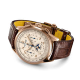 Breitling Premier B25 Datora 42mm Watch RB2510371G1P1 reveals the fine grain and stitching detail of its curved brown alligator strap. The 18k red gold folding clasp buckle carries a matching finish to the case.