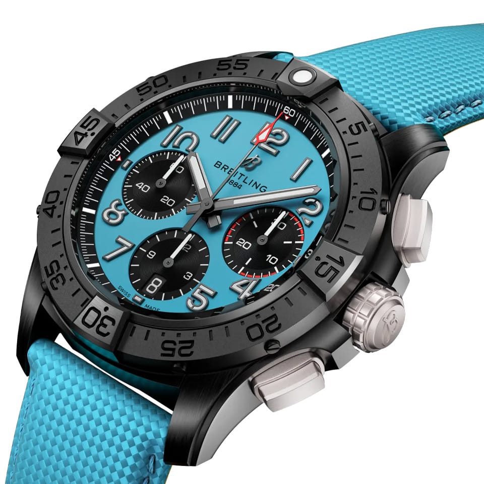 Breitling Avenger B01 Chronograph 42mm Watch SB0146101L1X1 shows the cambered sapphire crystal and screw-locked crown from an angled perspective. The turquoise calfskin strap curves into the 42mm ceramic case.