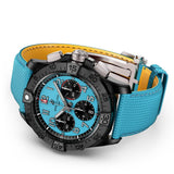 Breitling Avenger B01 Chronograph 42mm Watch SB0146101L1X1 reveals the detail of its turquoise calfskin leather strap. The titanium folding clasp buckle contrasts against the ceramic case and strap.