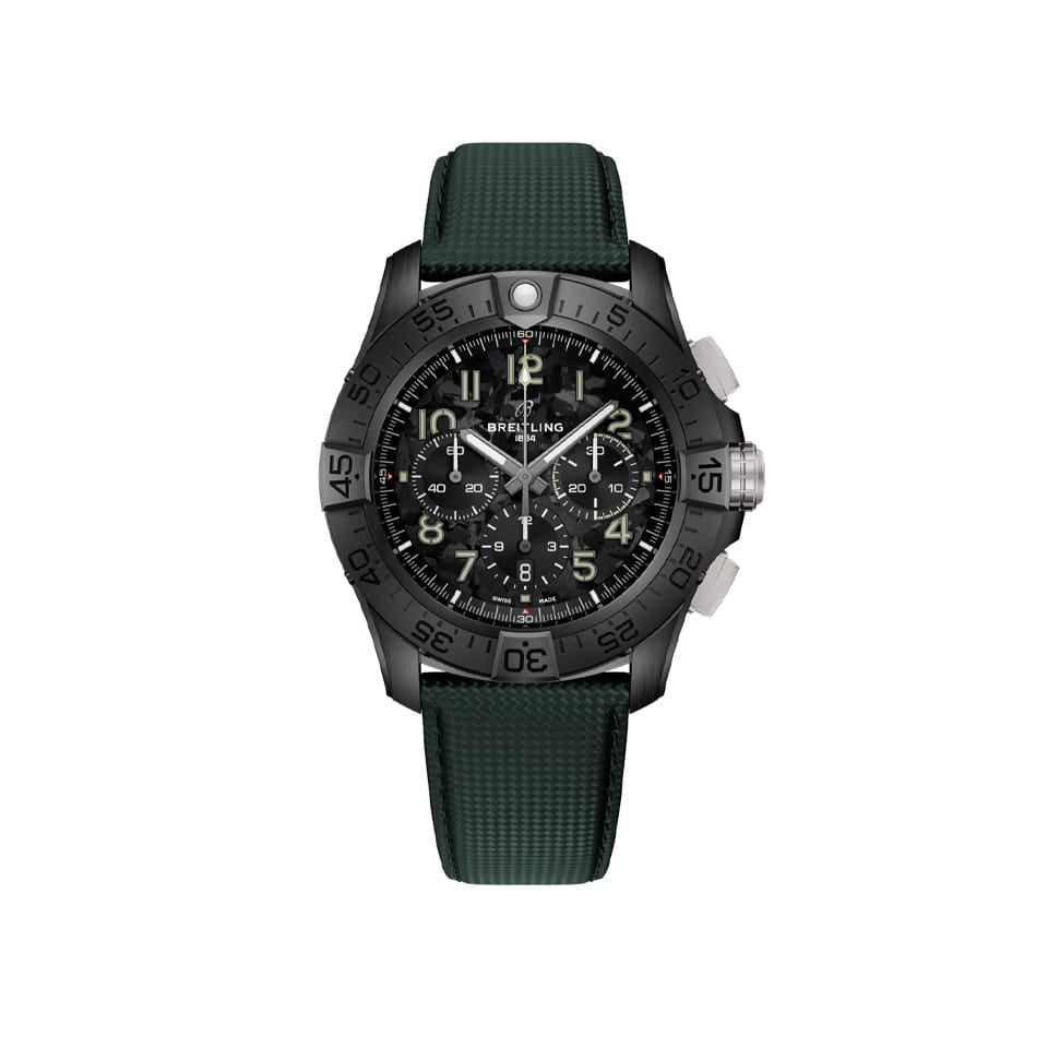 Breitling Super Avenger B01 Chronograph 46mm Watch SB0148101B1X1 displays its carbon dial in military-inspired shades, built for the toughest cockpits. The ceramic case and unidirectional ratcheted bezel define the Night Mission's aviation-grade construction.