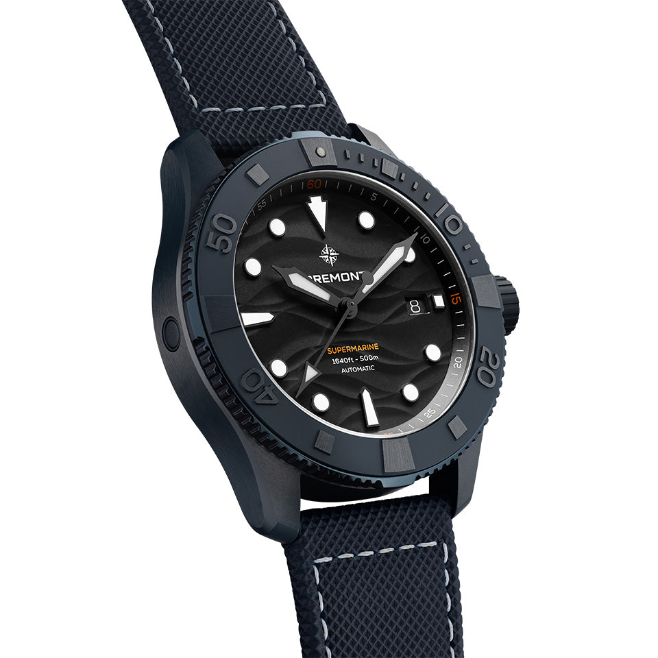 Bremont Supermarine Full Ceramic Deep Blue Automatic Men’s 43mm Watch SM43-DT-BLCER-BK-L-S viewed from a three-quarter angle. The mono-block blue ceramic case, knurled titanium bezel and screw-down crown are clearly visible.