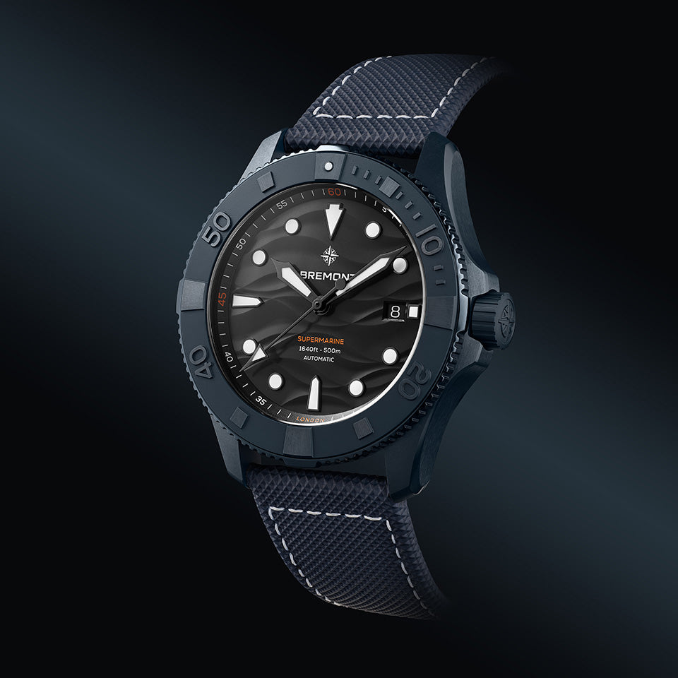 Bremont Supermarine Full Ceramic Deep Blue Automatic Men’s 43mm Watch SM43-DT-BLCER-BK-L-S viewed from a three-quarter angle. The mono-block blue ceramic case, knurled titanium bezel and screw-down crown are clearly visible.