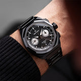 Bremont Supernova Chronograph 'Hawking' Automatic 41mm Watch SN41-CHR-DLC-HWK-B — Worn on the wrist, the 41mm case and integrated DLC bracelet sit with a bold, contemporary silhouette inspired by spacecraft engineering.