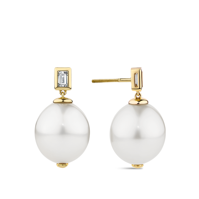South Sea Pearl and Diamond Drop Earrings in 18ct Yellow Gold Hardy Brothers Jewellers