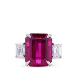 VAULT® 16.04 Carat Emerald Cut Minas Gerais Rubellite Tourmaline and 2.01 Carat Diamond Trilogy Ring in 18ct White Gold