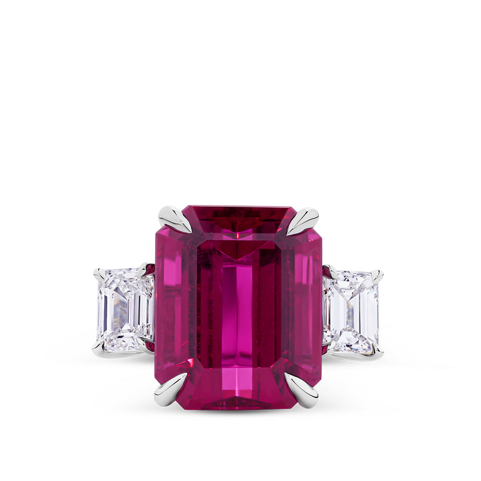 VAULT® 16.04 Carat Emerald Cut Minas Gerais Rubellite Tourmaline and 2.01 Carat Diamond Trilogy Ring in 18ct White Gold