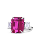 VAULT® 16.04 Carat Emerald Cut Minas Gerais Rubellite Tourmaline and 2.01 Carat Diamond Trilogy Ring in 18ct White Gold