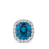 VAULT® 21.91 Carat Cushion Cut Blue Cambodian Zircon and 2.16 Carat Round Brilliant Cut Diamond Halo Ring in 18ct White Gold