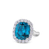 VAULT® 21.91 Carat Cushion Cut Blue Cambodian Zircon and 2.16 Carat Round Brilliant Cut Diamond Halo Ring in 18ct White Gold