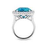 VAULT® 21.91 Carat Cushion Cut Blue Cambodian Zircon and 2.16 Carat Round Brilliant Cut Diamond Halo Ring in 18ct White Gold