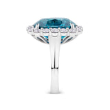 VAULT® 21.91 Carat Cushion Cut Blue Cambodian Zircon and 2.16 Carat Round Brilliant Cut Diamond Halo Ring in 18ct White Gold