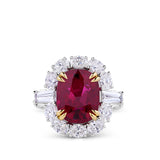 VAULT® 5.67 Carat Cushion Cut Brazilian Rubellite Tourmaline and 2.41 Carat Diamond Halo Ring in 18ct Yellow and White Gold