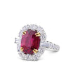 VAULT® 5.67 Carat Cushion Cut Brazilian Rubellite Tourmaline and 2.41 Carat Diamond Halo Ring in 18ct Yellow and White Gold