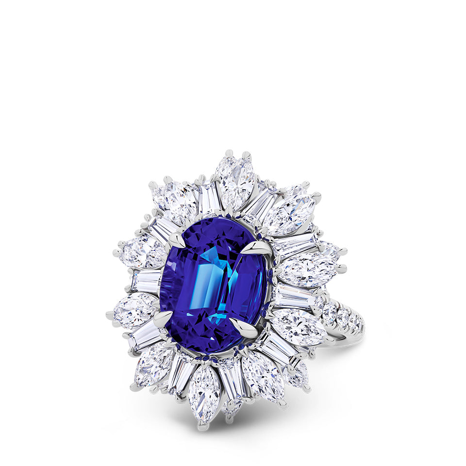 VAULT® 7.80 Carat Oval Cut Tanzanite and 4.91 Carat Diamond Halo Ring in 18ct White Gold