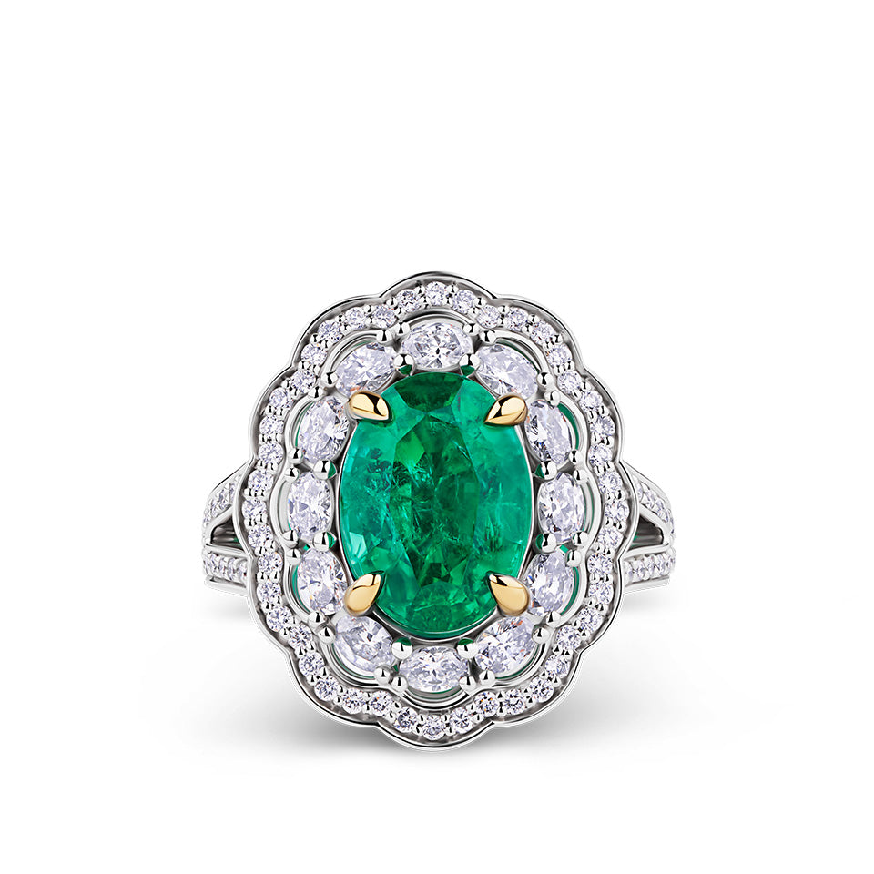VAULT® 3.65 Carat Oval Cut Zambian Emerald and 1.24 Carat Diamond Ring in 18ct White and Yellow Gold