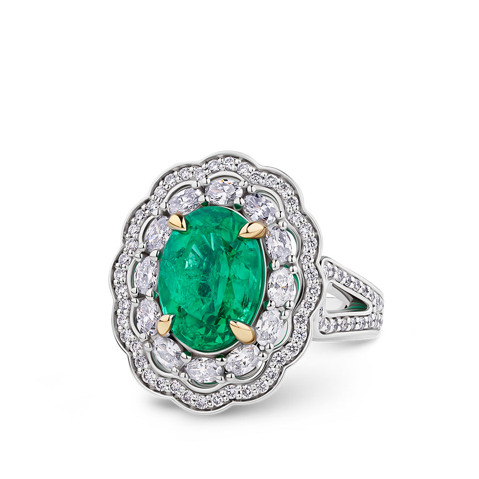VAULT® 3.65 Carat Oval Cut Zambian Emerald and 1.24 Carat Diamond Ring in 18ct White and Yellow Gold