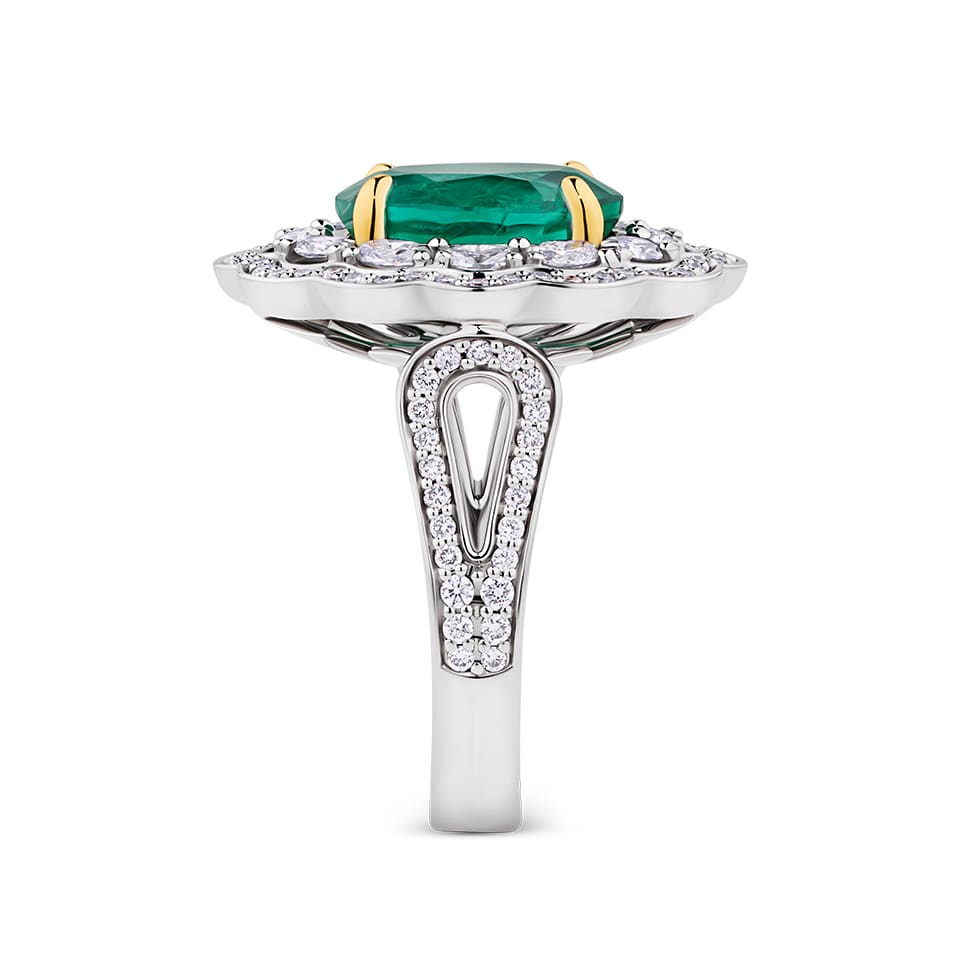 VAULT® 3.65 Carat Oval Cut Zambian Emerald and 1.24 Carat Diamond Ring in 18ct White and Yellow Gold