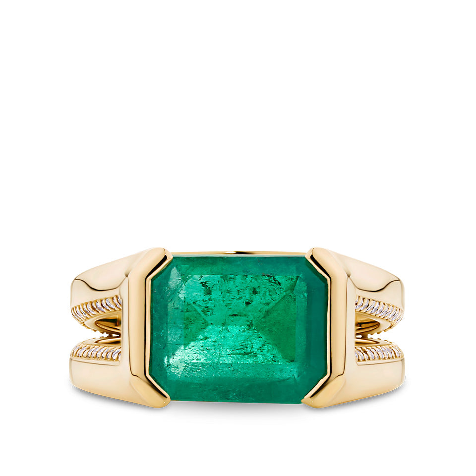 VAULT® 3.92 Carat Emerald and 0.47 Carat Diamond Signet Ring in 18ct Yellow Gold