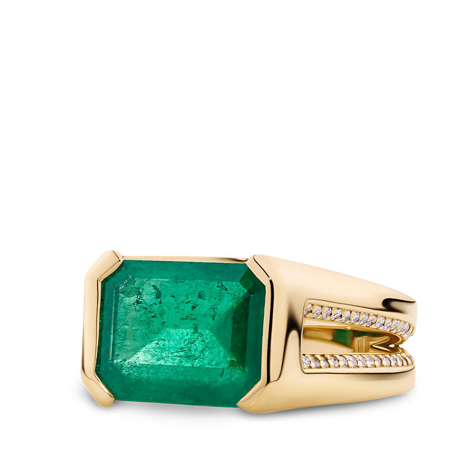 VAULT® 3.92 Carat Emerald and 0.47 Carat Diamond Signet Ring in 18ct Yellow Gold