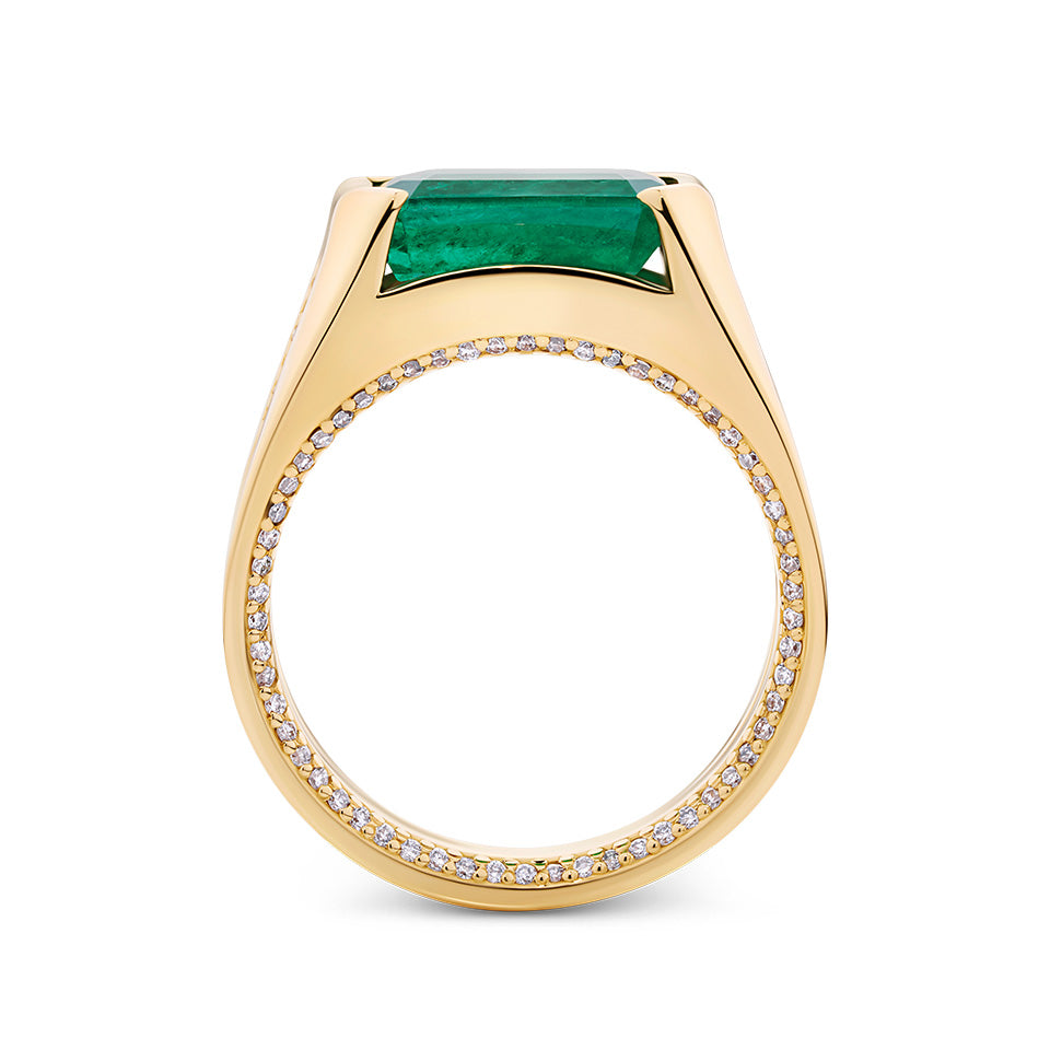 VAULT® 3.92 Carat Emerald and 0.47 Carat Diamond Signet Ring in 18ct Yellow Gold