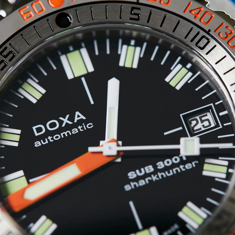 DOXA SUB 300T Sharkhunter Automatic 42.50mm Watch 840.10.101.20 - close up of dial showing orange accents and date display