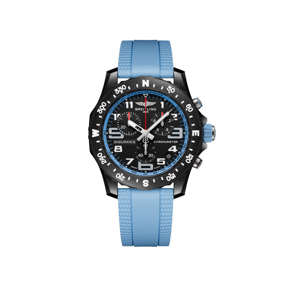 Breitling Endurance Pro Quartz Chronograph 44mm Watch X82310281B1S2 displays its black dial with a compass scale bidirectional bezel and pulsometer detailing. The lightweight Breitlight® case is 3.3 times lighter than titanium and 5.8 times lighter than stainless steel.