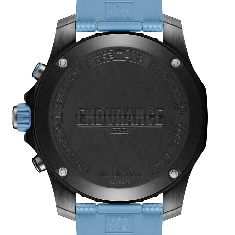 Breitling Endurance Pro Quartz Chronograph 44mm Watch X82310281B1S2 features a screw-secured case back protecting the thermocompensated SuperQuartz™ Breitling Caliber 82 movement. The case back sits within the 44mm Breitlight® case, measuring 12.5mm in thickness.