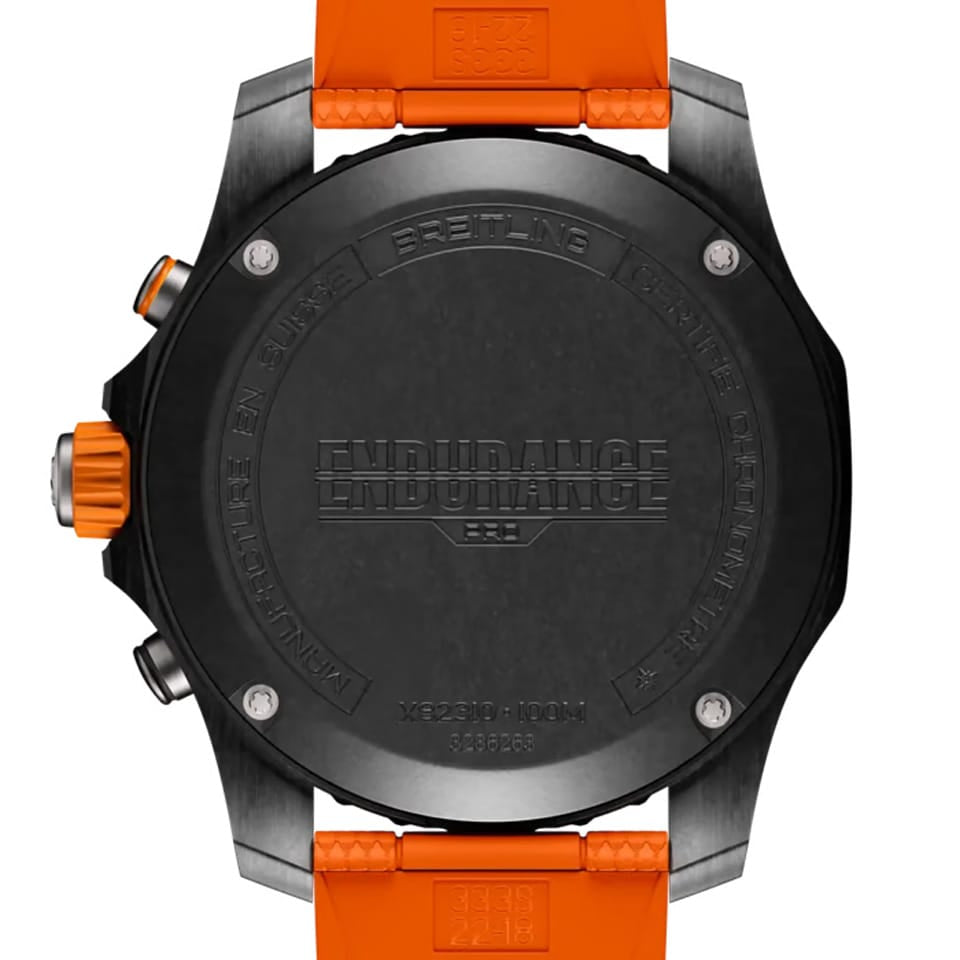 Breitling Endurance Pro Quartz Chronograph 44mm Watch X82310A51B1S2 features a screw-secured case back protecting the thermocompensated SuperQuartz™ Breitling Caliber 82 movement. The case back sits within the 44mm Breitlight® case, measuring 12.5mm in thickness.