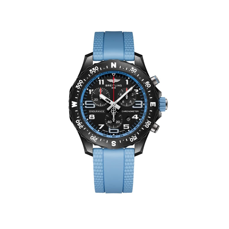 Breitling Endurance Pro Quartz Chronograph 38mm Watch X83310281B1S1 displays its black dial with a compass scale bidirectional bezel and pulsometer detailing. The lightweight Breitlight® case is 3.3 times lighter than titanium and 5.8 times lighter than stainless steel.